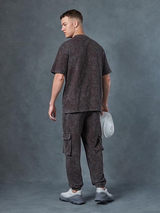 Bewakoof Heavy Duty 1.0 Men's Self Design Oversized Fit Half Sleeve Round Neck Terry Acid Wash Co-Ordinates T-Shirt - Image 5