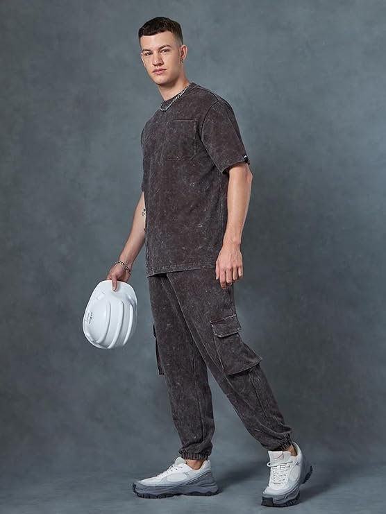 Bewakoof Heavy Duty 1.0 Men's Self Design Oversized Fit Half Sleeve Round Neck Terry Acid Wash Co-Ordinates T-Shirt - Image 6