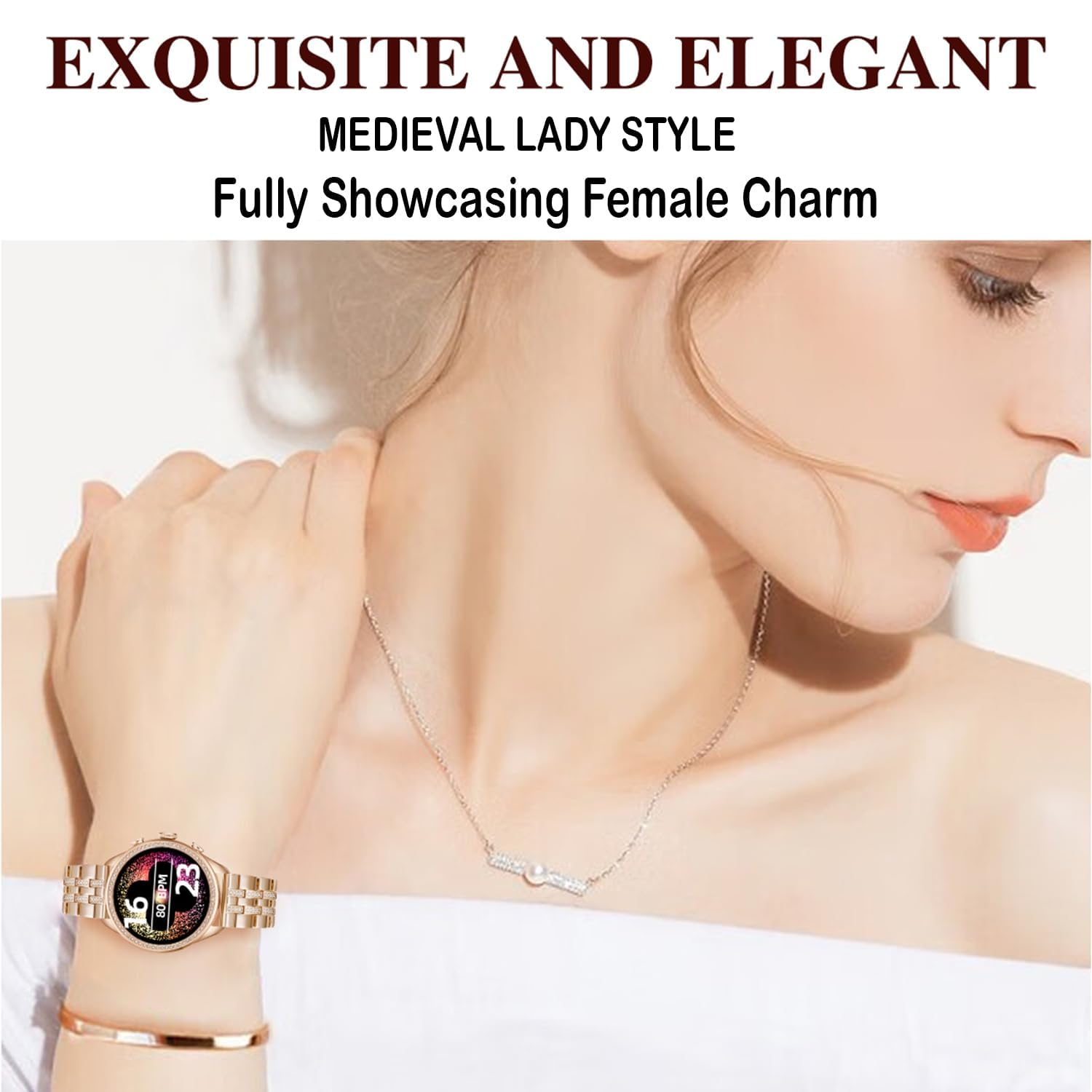 GameSir Gen 9 Smart Watch Rose Gold Chain Strap 1.69" AMOLED Display IP67 Waterproof High Resolution Bluetooth Calling 100+Sports Mode SPO2, Gifting Watch Luxury Round Dial Smartwatch for Men & Women - Image 3