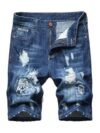 Men's Moto Biker Jeans Shorts Ripped Distressed Denim Shorts with Broken Hole