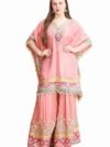 Traditional Embroidered Kaftan Palazzo Set, Pink, V-Neck with Fringe Details, Floral Embellished