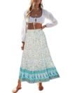 Women's 2023 Bohemian Floral Printed Elastic Waist A Line Maxi Skirt with Pockets, Lake Blue, Small