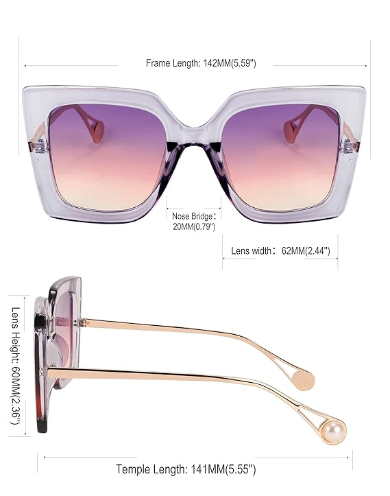 Karsaer Sunglasses Womens Trendy, Oversized Square Shades, Pearl Inlay Cat Eye Frame UV400 Protection E1051 - Image 3