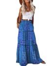 Womens Casual High Waist Tiered Paisley Print Long Maxi Skirt with Pockets, Blue, X-Large