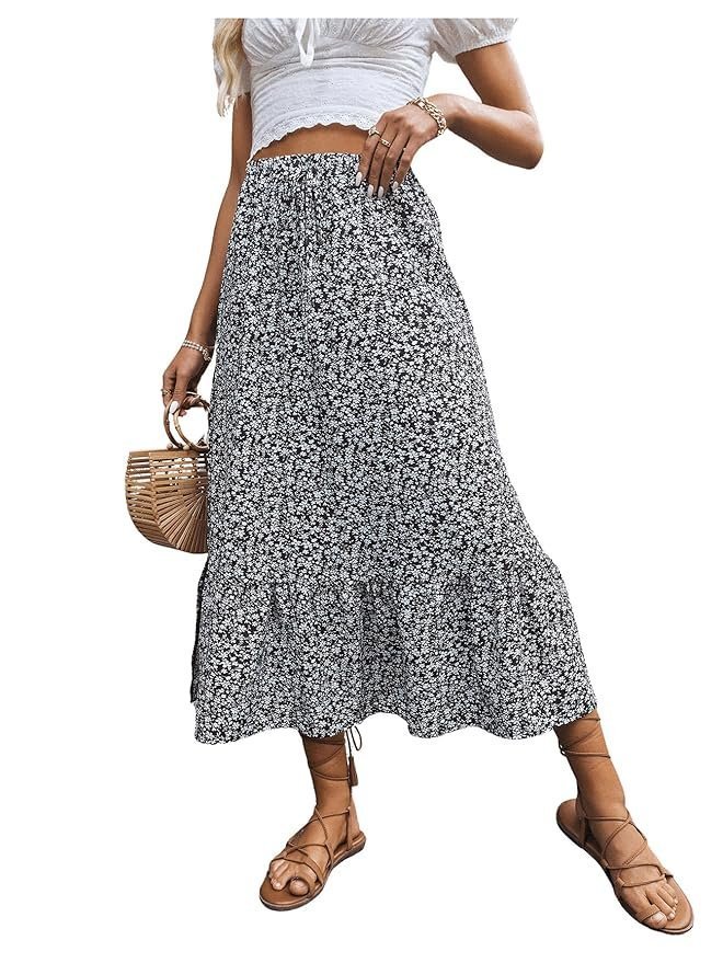 Rocks Women's Casual High Waist Floral Print Skirt Split Thigh A Line Maxi Skirts - Image 4