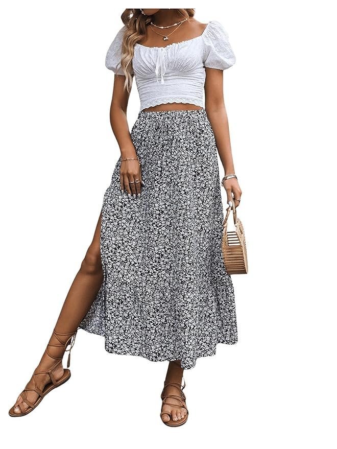 Rocks Women's Casual High Waist Floral Print Skirt Split Thigh A Line Maxi Skirts